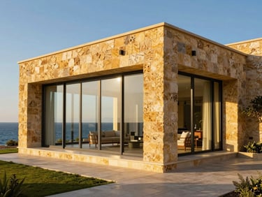 A luxury modern villa in Lebanon built with traditional yellow stone and expansive glass walls, overlooking the blue Mediterranean sea at golden hour.