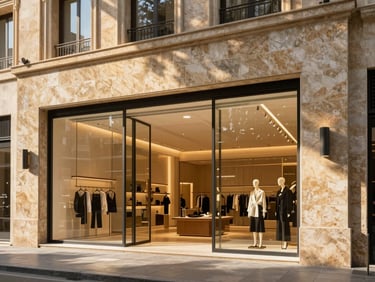 High-end retail space in downtown Beirut, soaring ceilings, limestone facade, warm interior lighting, 35mm