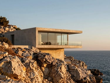 Minimalist cliffside villa in Batroun, concrete and glass, overlooking the rocky coastline, golden hour, 35mm