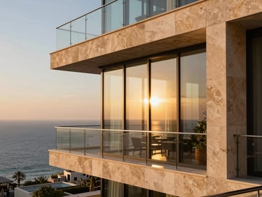Sleek modern Beirut penthouse, floor-to-ceiling glass walls overlooking the Mediterranean at sunset, warm golden-hour light, 35mm