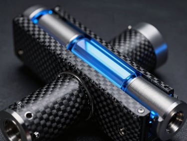 Extreme close-up of machined carbon fiber and aerospace-grade steel components, cold blue rim lighting, dark atmospheric background.