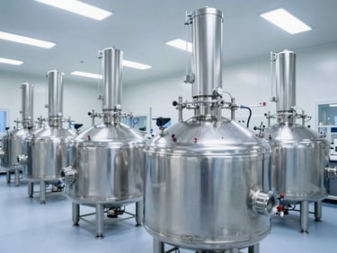 Wide environmental shot of a modern European biotechnology facility, stainless steel bioreactors, sterile clean-room environment, bright white lighting, cool blue tones.