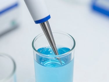 Macro photograph of sterile laboratory glassware with cool blue liquid, high-precision pipetting, bright clean white lighting, 35mm
