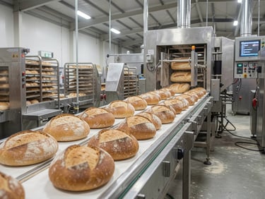 bread on the conveyer in plant bakery 