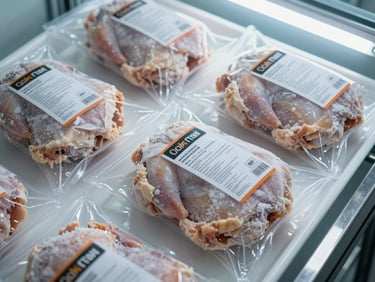 Close overhead study of packaged frozen chicken portions in sealed plastic packaging, product label clearly visible, arranged on a clean white tray under cool fluorescent warehouse lighting, frost condensation visible on packaging surface