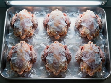 Close overhead study of vacuum-sealed frozen chicken portions arranged in a neat grid on a stainless steel tray under cool fluorescent light, frost visible on packaging surface, label text partially in frame, clinical and precise framing