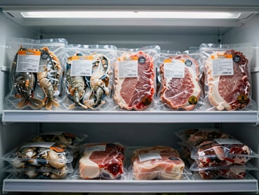 Close-up of multiple packaged frozen food products — seafood, processed meat, and ready-cook items — arranged in an organized row on a freezer shelf under even fluorescent light, packaging labels clearly visible, cool tones throughout