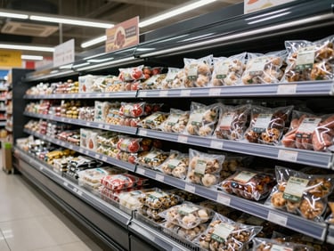 Environmental shot of a stocked retail cold-storage display in a store interior, rows of sealed frozen food packages under even fluorescent light, highland store setting, no people