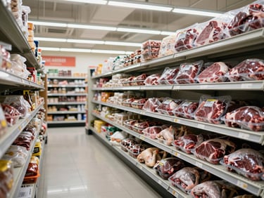 Wide shot of organized retail shelves fully stocked with packaged frozen beef and poultry products inside a clean store interior, cool fluorescent overhead lighting, no people