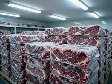 Wide environmental shot of organized frozen beef blocks stacked in labeled cartons inside a refrigerated storage room, cool blue-white fluorescent overhead light, frost on the packaging edges, deep shelf rows visible in background