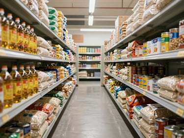 Wide shot of fully stocked dry goods shelves in a distribution warehouse — bags of rice, cooking oil bottles, canned goods, and packaged staples arranged in uniform rows under even white light, aisle perspective showing depth of inventory