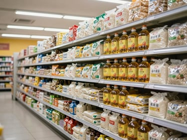 Wide shot of organized dry goods shelves in a retail store, rows of branded staple food packages — rice, cooking oil, flour — stacked neatly under bright overhead fluorescent lighting, shelves fully loaded with no visible gaps