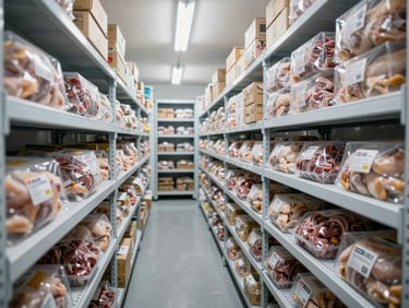 Wide environmental shot of organized cold-storage shelving inside a refrigerated room, neatly stacked boxes of packaged frozen chicken and beef with visible product labels, cool white fluorescent lighting from above, shot from mid-aisle looking along the full length of the shelves
