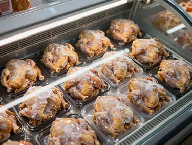 Close-up overhead view of a refrigerated display case inside a retail store stocked with packaged frozen chicken products, even cool fluorescent light, no people, clean glass surface