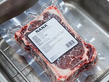 Close overhead study of vacuum-sealed frozen beef cuts in clear commercial packaging, label facing up, resting on a steel refrigerated surface under even cool fluorescent light, frost detail on the package edges