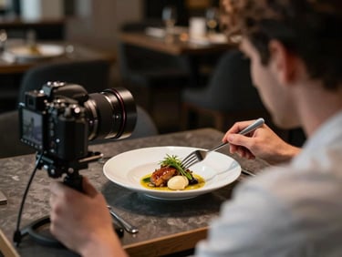 Over-the-shoulder shot of a content creator filming a chef plating a dish in a dimly lit Scandinavian bistro, soft side-lighting