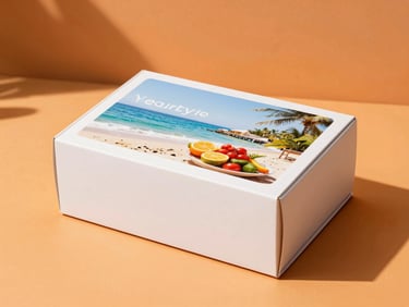 Modern minimalist corporate gift box with clean typography, set against a warm orange backdrop, hard-shadow sunlight.