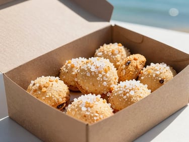 A hand-packed cardboard gift box overflowing with salty-sweet snacks, glistening sea salt crystals visible, bright direct sunlight.