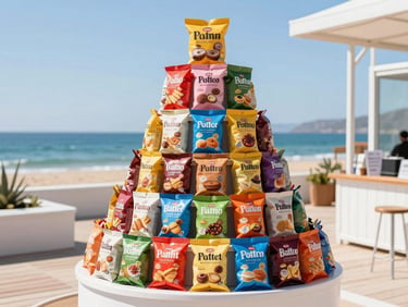 A towering snack display at a modern event, colorful packaging, bright sun-drenched outdoor setting.