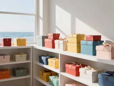 Bright, airy modern packing studio with clean white shelves, colorful gift boxes stacked neatly, and large windows letting in direct, hard-shadow sunlight, 35mm lens.