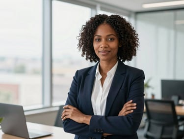 Portrait professionnel d'une femme d'affaires ouest-africaine confiante, en tenue de bureau, dans un environnement corporate lumineux.