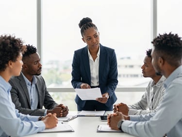 Professional West African HR director discussing strategy with a team, bright office, natural light, analyzing documents.
