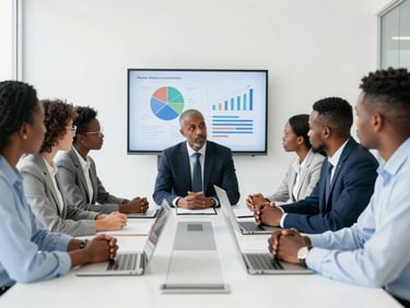 Business leaders collaborating around a modern conference table, strategic discussion, clean corporate environment, with charts on a screen.