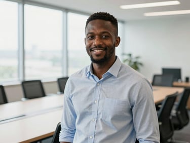 Portrait professionnel d'un homme ouest-africain charismatique, en chemise, dans une salle de conférence moderne, prêt à interagir.
