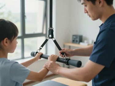 Medium close-up of a clinical instructor guiding a student in adjusting a physical therapy traction table in a bright, modern clinic, natural daylight.