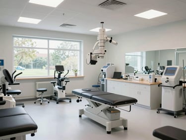 A wide environmental shot of a state-of-the-art sports rehabilitation lab with clean modern equipment, bright natural light, professional clinical layout.
