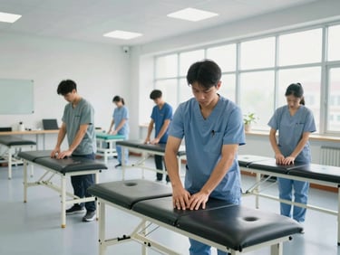 Wide environmental shot of a state-of-the-art rehabilitation training lab, students in clean clinical uniforms practicing manual therapy techniques under bright daylight.