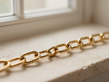 Macro details of golden chain links on a warm beige stone surface, soft morning window light, shallow depth of field, 35mm