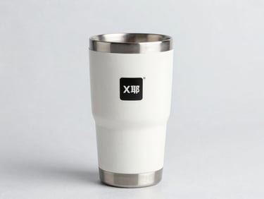 Bright high-key product photography of premium double-wall thermal cups with custom printed brand names, crisp studio lighting