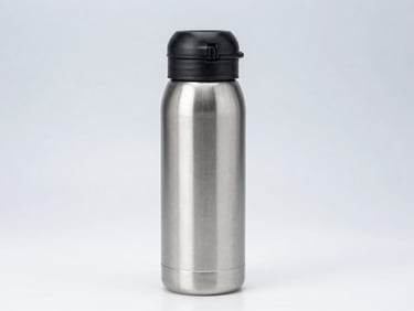 Bright commercial catalog photo of a sleek silver thermal bottle with a black screw cap, clean light gray backdrop