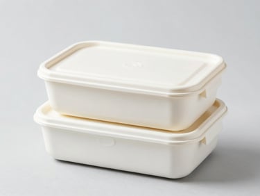 Bright high-key product photography of custom food containers and eco-friendly lunch boxes showing clean brand prints, sharp focus