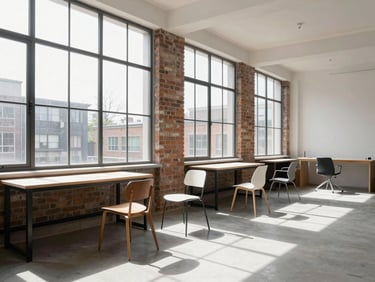 Architectural interior of a creative studio with large windows, exposed brick, and high-quality design furniture, bright natural daylight, sharp geometric shadows, high-contrast, 35mm lens.