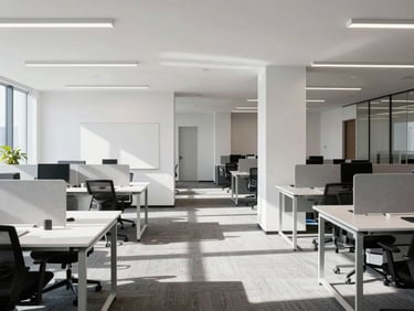 Modern, open-plan office interior with collaborative zones, whiteboards, and natural light, sharp geometric shadows, clean modern interiors, high-contrast, 35mm lens.