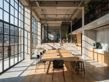 Wide-angle architectural shot of a modern, sunlit collaborative workspace, sharp geometric shadows, raw concrete, warm wood accents, high-contrast. No people.