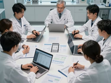 Overhead medium shot of a research team around a conference table in a clinical office, printed evaluation reports and laptops open with data, cool overhead fluorescent lighting, institutional setting, no faces prominently visible