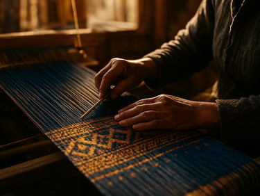 Intimate local portrait, artisan hands weaving intricate textiles in a sunlit workshop, warm golden hour, rich deep blue and gold undertones, 35mm film