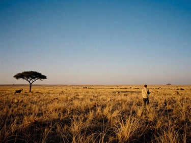 Wide panoramic view of a golden-hour savanna, conservationist observing wildlife from a distance, rich natural sunlight, deep blue and gold undertones, 35mm film