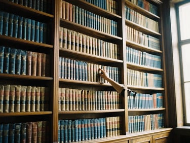 Interior of an ancient library, tall wooden shelves filled with leather-bound books, soft light filtering through a window, a historian pointing to a specific volume, warm editorial travel photography