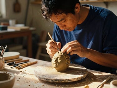 A sculptor working on a detailed clay figure in a sunlit studio, tools scattered on a workbench, focus on the delicate work, rich textures, warm editorial travel photography