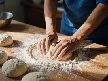 Hands preparing dough for traditional bread in a rustic kitchen, flour dusted on a wooden counter, warm natural light, focus on the hands and ingredients, 35mm film