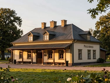 Wide shot of the historic Pils Krogs tavern exterior near Rundale Palace, surrounded by lush greenery under warm golden hour sunlight.