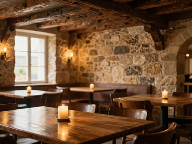Warm and inviting interior of Pils Krogs dining hall, featuring historic stone walls, heavy wooden beams, and soft golden candlelight reflecting on polished tables.