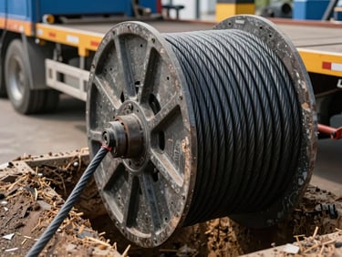 Heavy-duty cable drum on a hydraulic trailer with thick black electrical cables being pulled into a trench