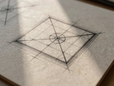 Extreme close-up of a designer sketching geometric grid systems on heavy warm stone paper, precise pencil lines, soft directional window light.