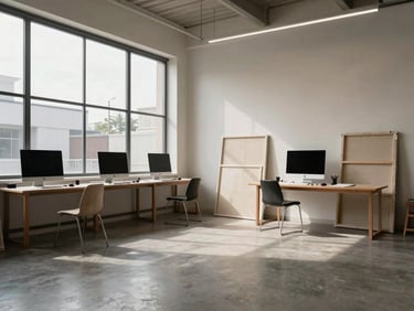 Wide-angle architectural view of the Austin art studio, soft directional light from a north-facing gallery window, canvas textures and clean digital monitors visible.