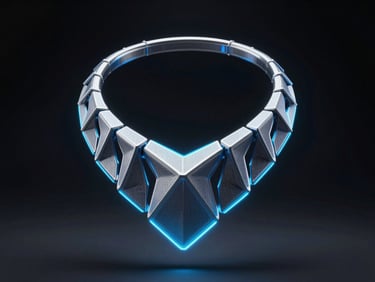 futuristic 3D printed geometric necklace floating, dark background, neon blue edge-lighting, octane render